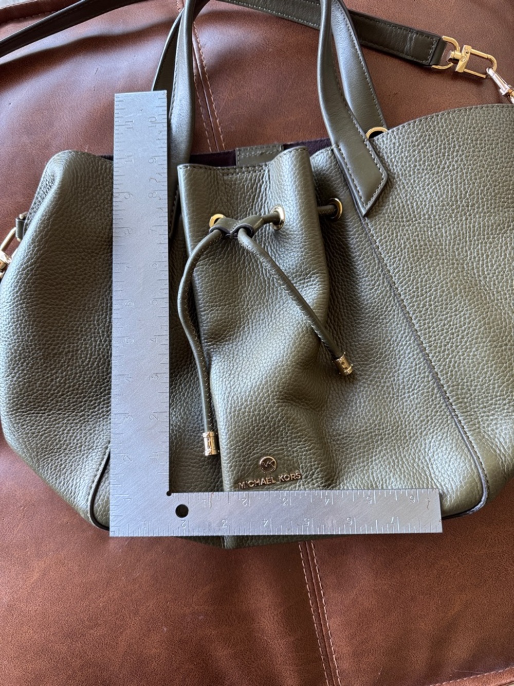 Michael Kors Olive Green Pebbled Leather Drawstring Shoulder Bag - Picture 9 of 9